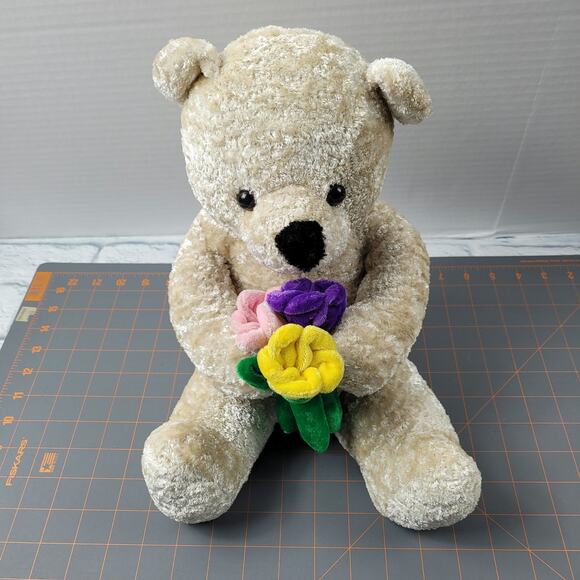 Sweet Silky Soft Plush Teddy Bear Holds Bouquet of Flowers - Picture 8 of 13